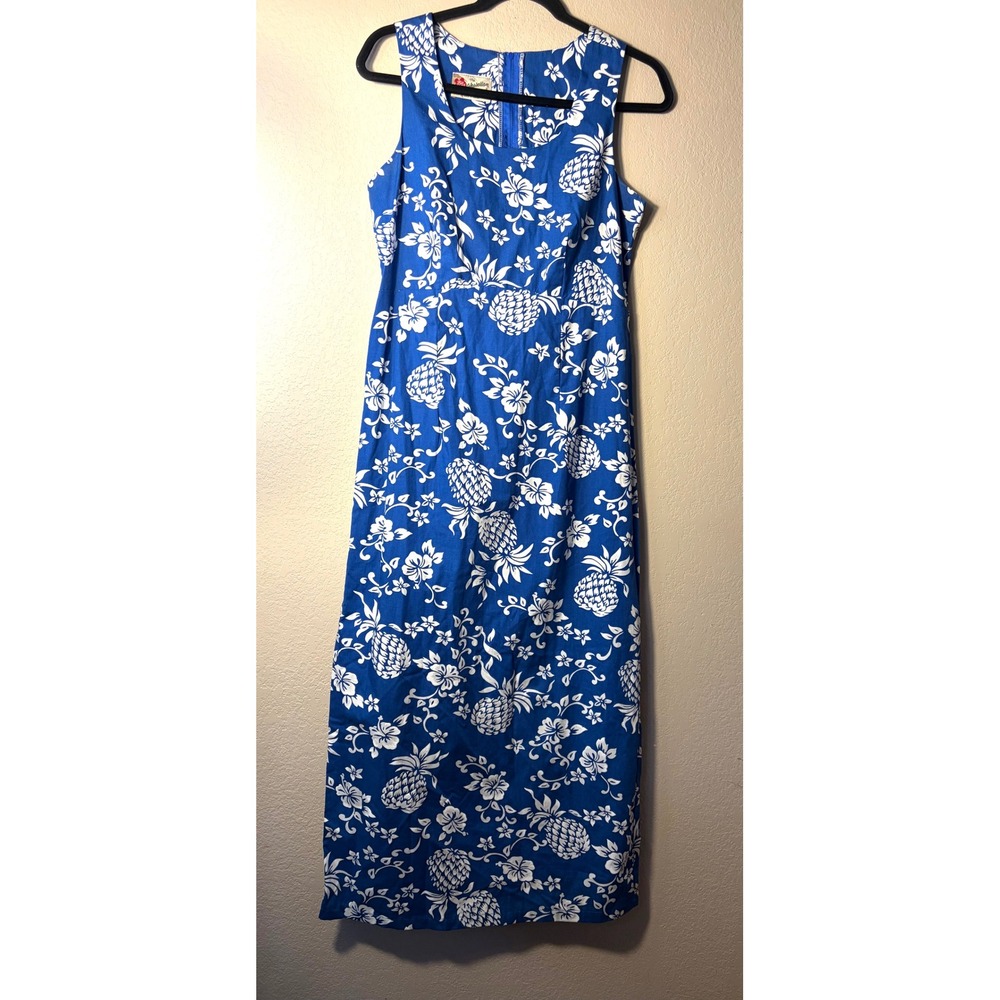 Hilo Hattie The Hawaiian Original Blue White Pineapple Floral Cotton Maxi Dress